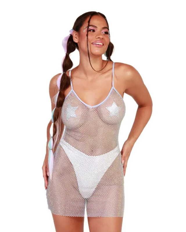 The Real Deal Rhinestone Fishnet Dress sold by iHeartRaves