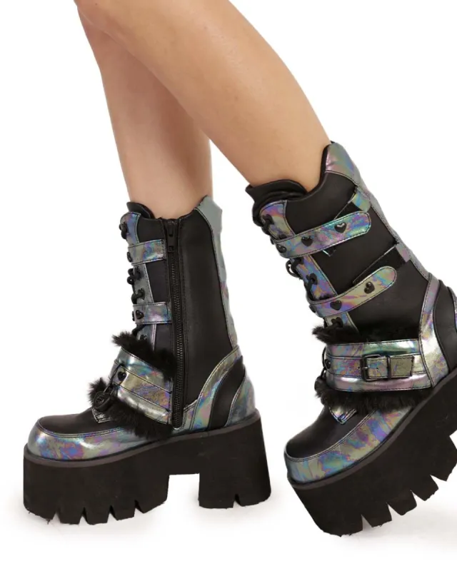 Demonia Rainbow Foil Platform Boots sold by iHeartRaves