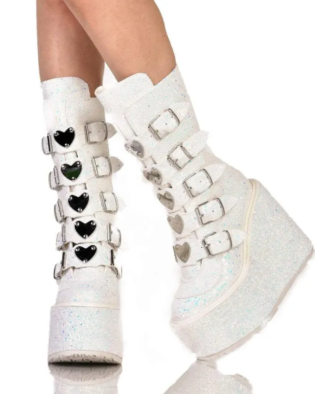 Demonia Heart Buckle White Glitter Platform Boots sold by iHeartRaves