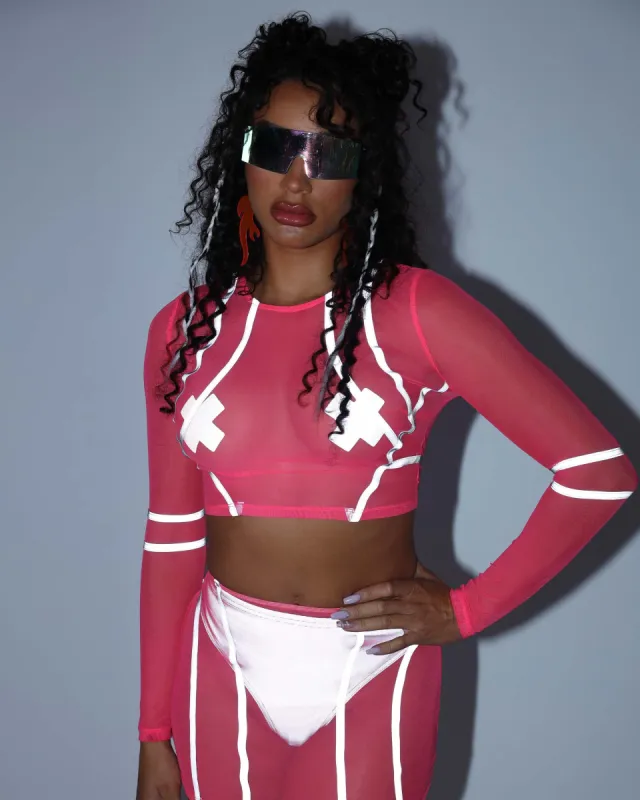 Reflective Wave Mesh Neon Pink Long Sleeve Crop Top sold by iHeartRaves