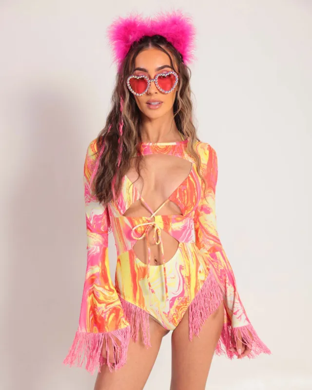 Sunrise Strawberry Fringe Ultra Crop Top sold by iHeartRaves