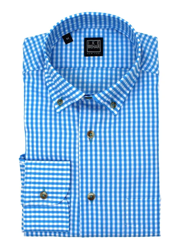 Turquoise Jacquard Check Button-Down Dress Sport Shirt sold by Ike Behar