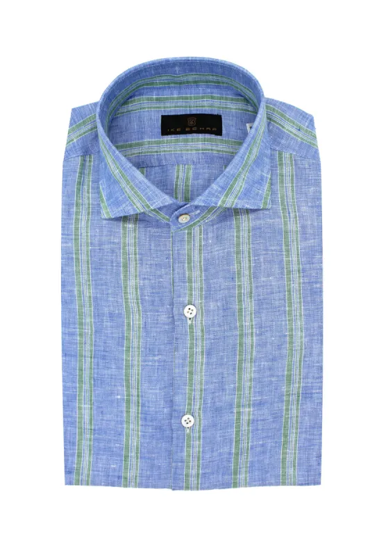 Hand Finished Sky With Lime Striped Italian Linen Sport Shirt sold by Ike Behar