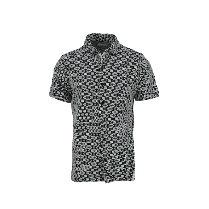 Black and White Jacquard Diamond Contrast Knit Short Sleeve Shirt sold by Ike Behar