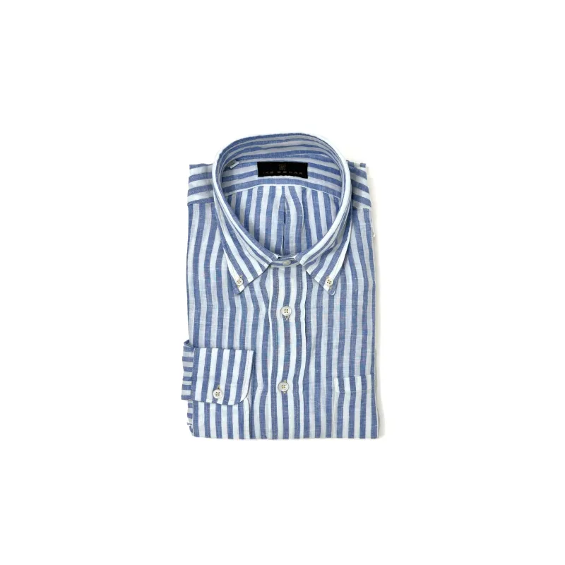 Blue and White Bar Stripe Linen Sport Shirt sold by Ike Behar