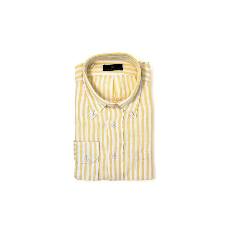 Yellow and White Bar Stripe Linen Sport Shirt sold by Ike Behar