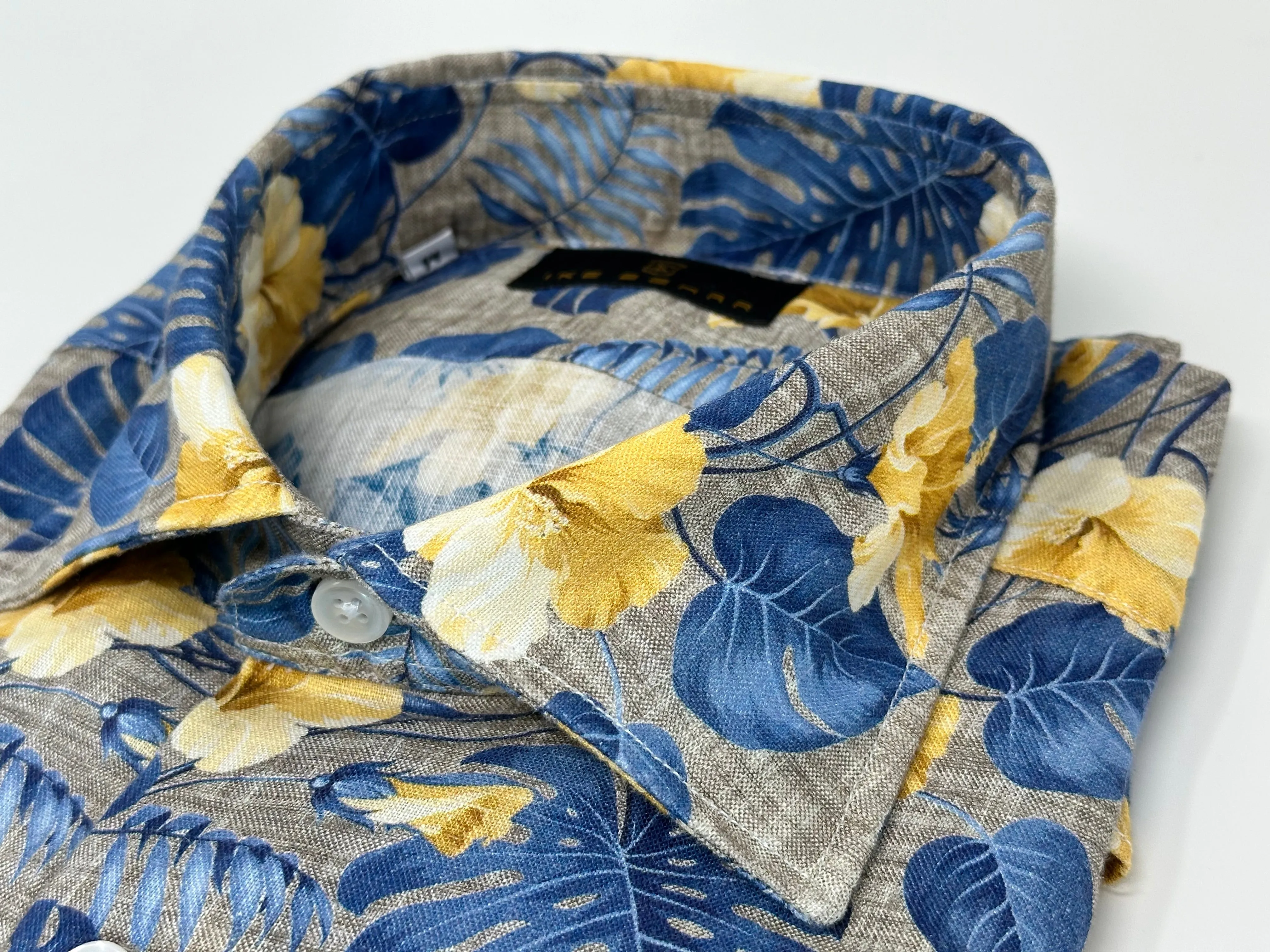 Tan Linen with Blue and Yellow Floral Print Sport Shirt sold by Ike Behar product image thumbnail 4
