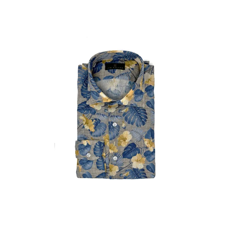 Tan Linen with Blue and Yellow Floral Print Sport Shirt sold by Ike Behar