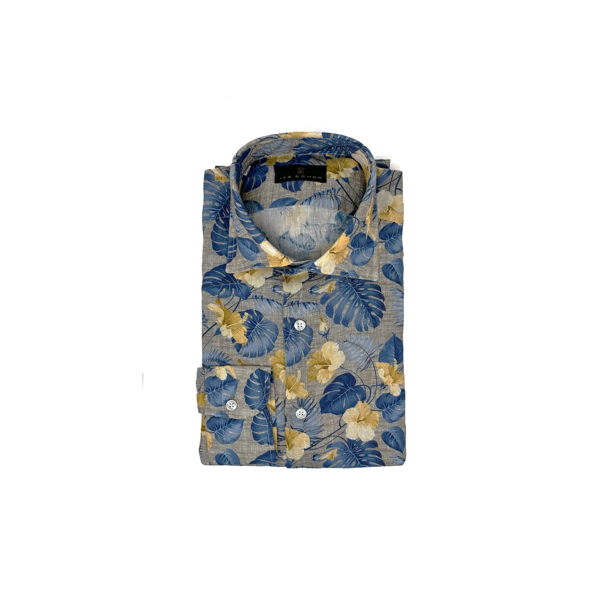 Tan Linen with Blue and Yellow Floral Print Sport Shirt sold by Ike Behar