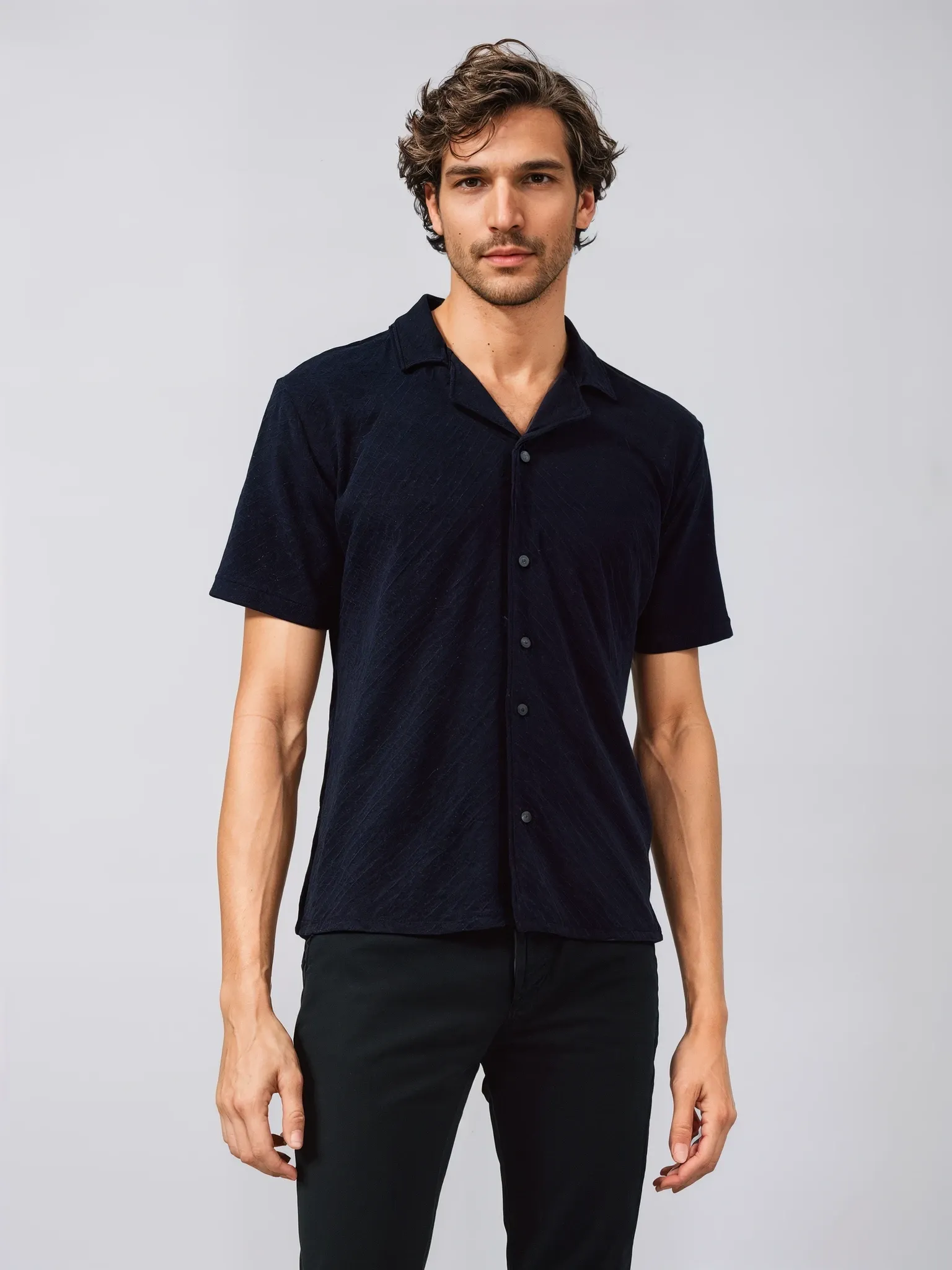 Navy Jacquard Knit Button-Front Sport Shirt sold by Ike Behar