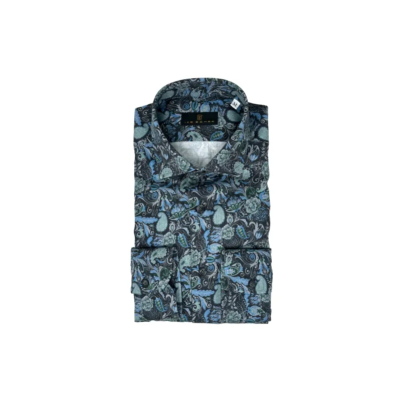 Slate Ground with Teal Floral Paisley Print Sport Shirt sold by Ike Behar