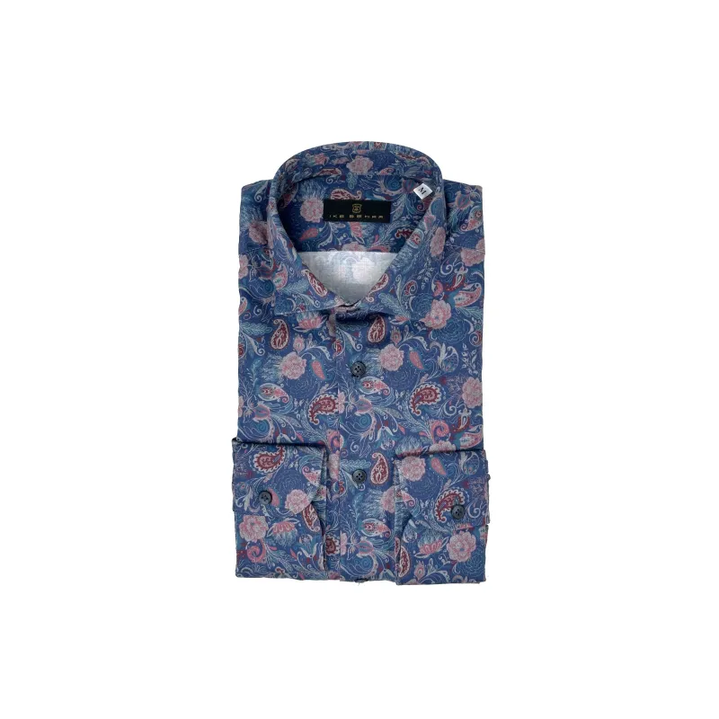 Blue Ground with Rose Floral Paisley Print Sport Shirt sold by Ike Behar