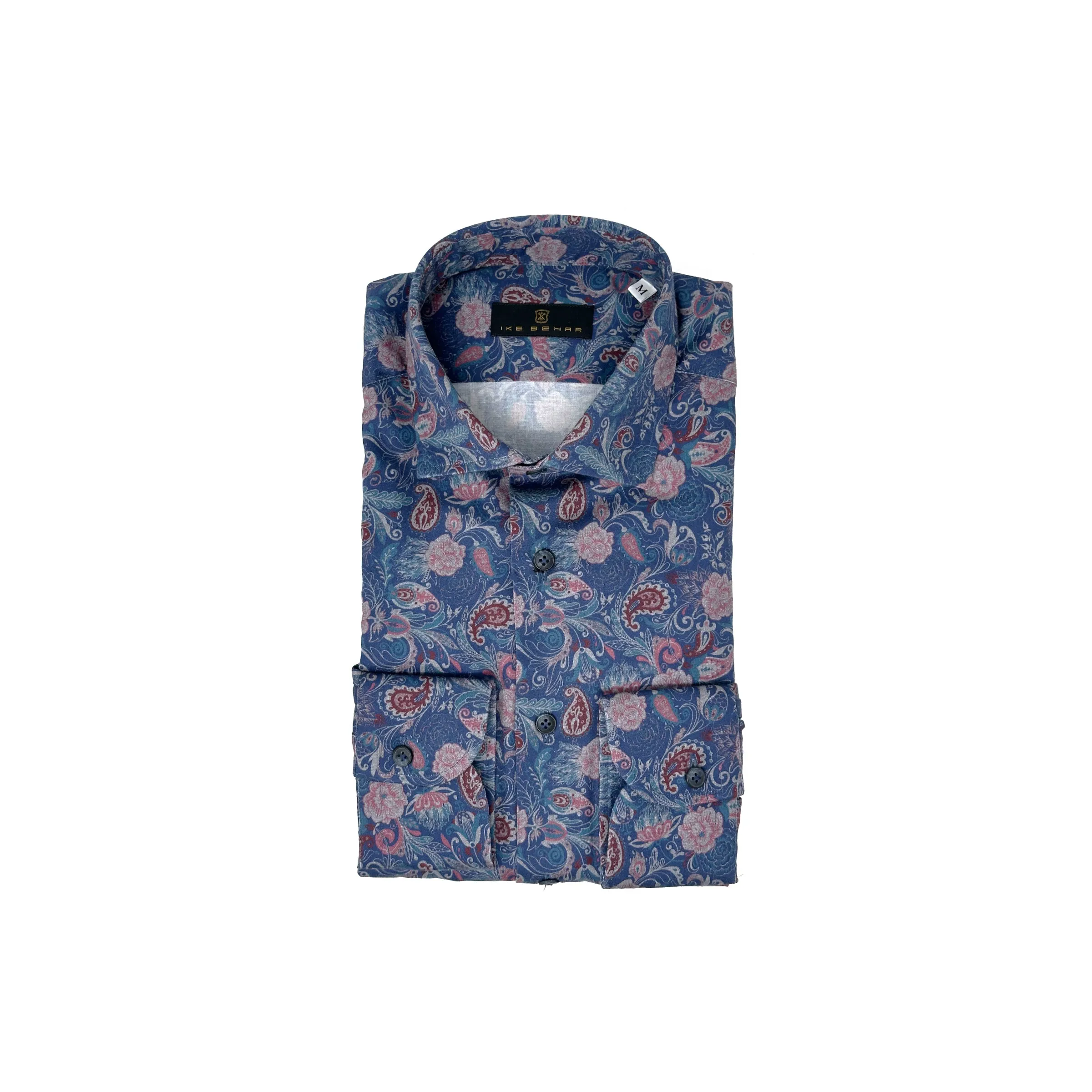 Blue Ground with Rose Floral Paisley Print Sport Shirt sold by Ike Behar