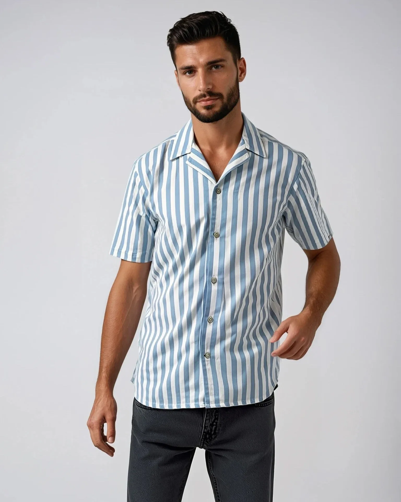 Sky Blue Large Stripe Cotton and Linen Camp Shirt sold by Ike Behar product image thumbnail 3