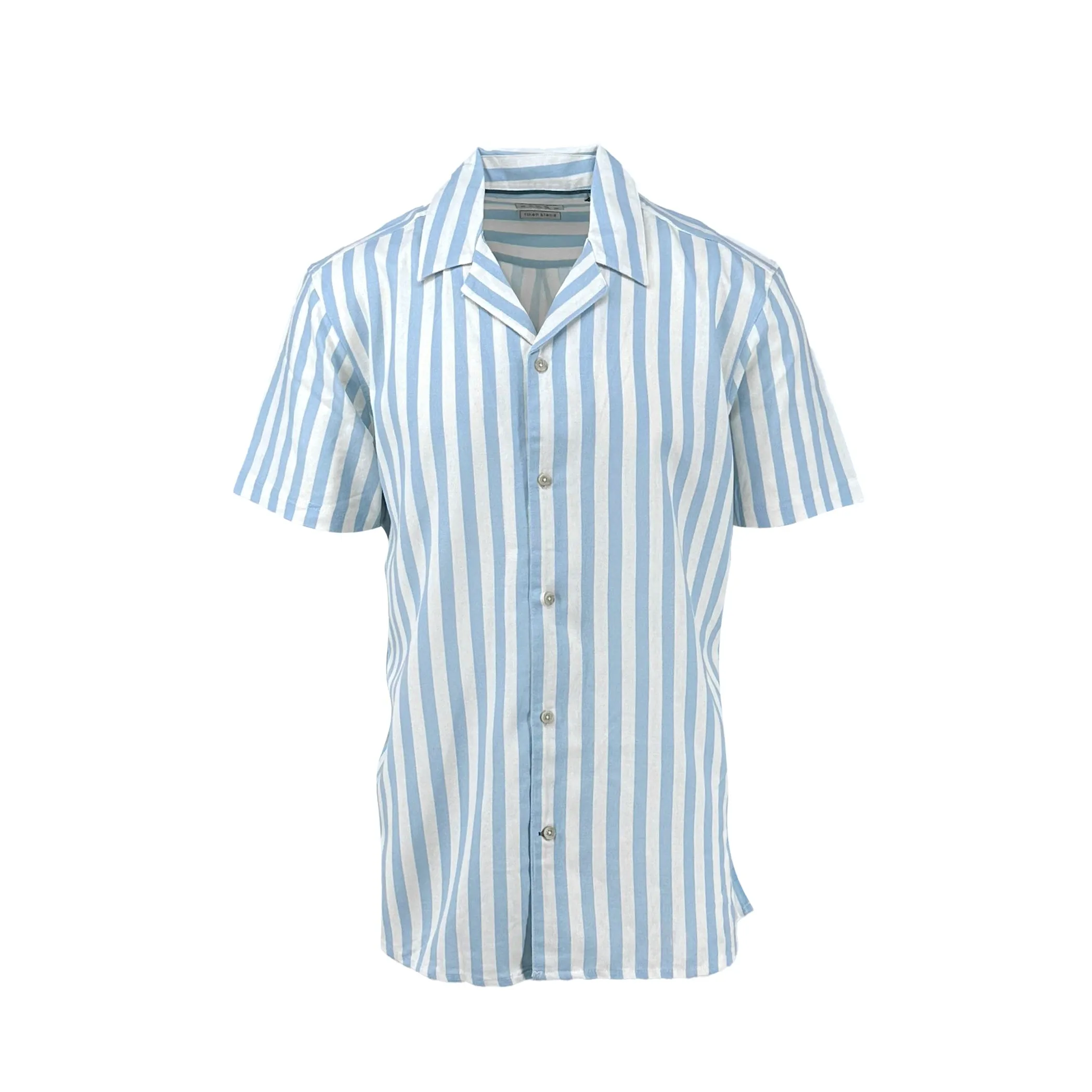 Sky Blue Large Stripe Cotton and Linen Camp Shirt sold by Ike Behar