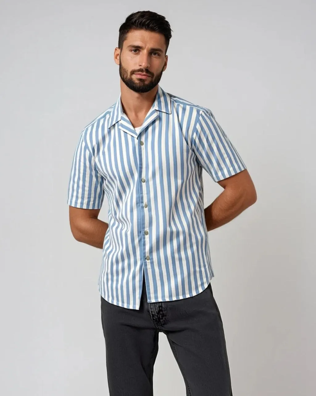 Sky Blue Large Stripe Cotton and Linen Camp Shirt sold by Ike Behar product image thumbnail 2