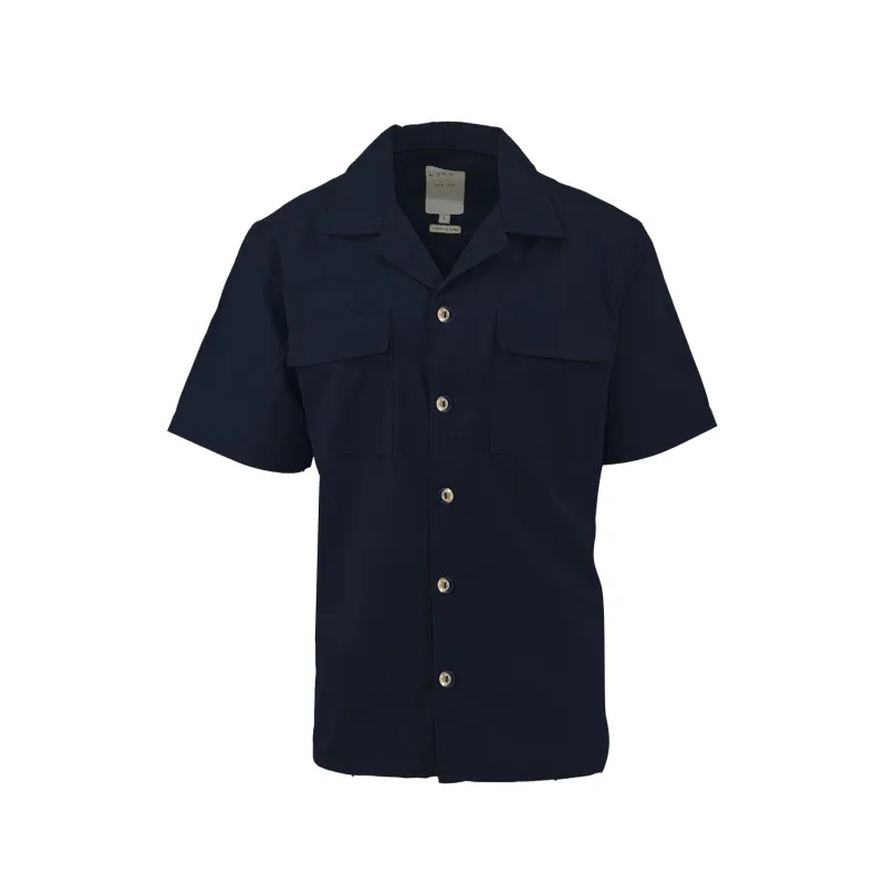 Navy Linen Blend Tonal Dobby Two Pocket Short Sleeve Shirt sold by Ike Behar