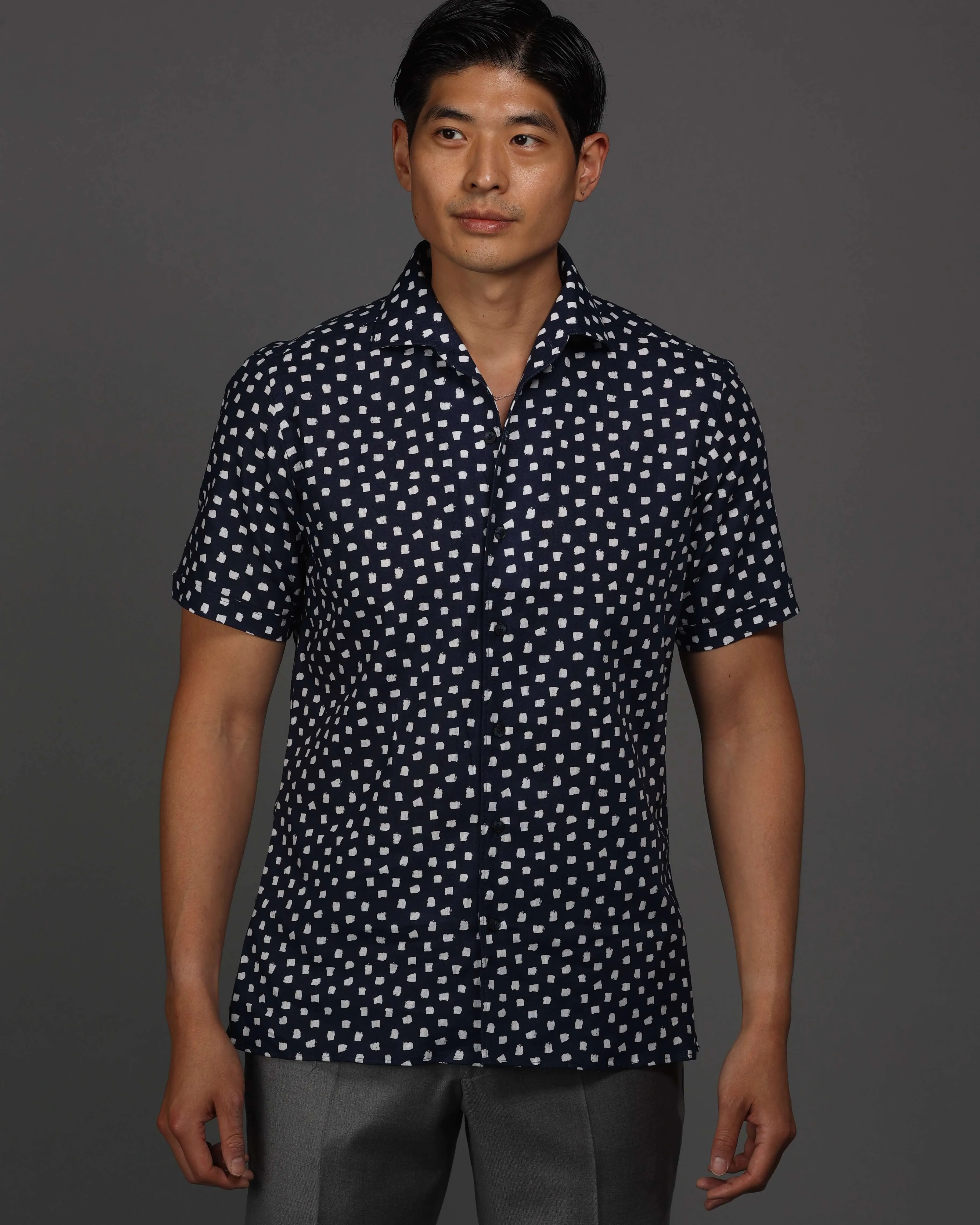Navy With White Brush Dot Print Short Sleeve Sport Shirt sold by Ike Behar product image thumbnail 2