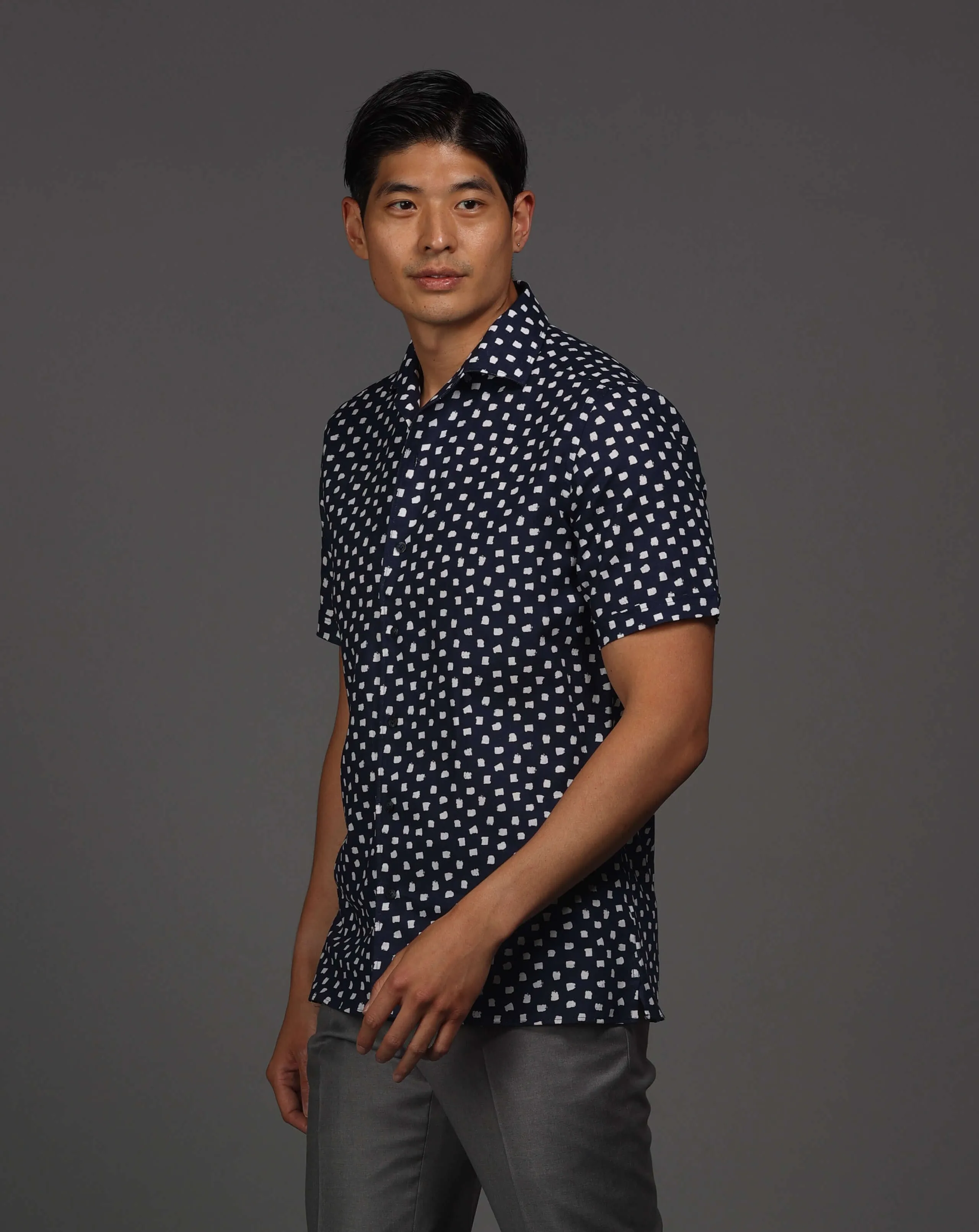 Navy With White Brush Dot Print Short Sleeve Sport Shirt sold by Ike Behar