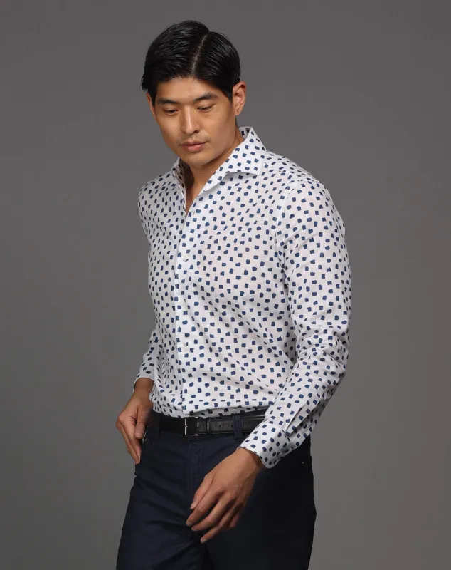 White With Navy Brush Dot Print Sport Shirt sold by Ike Behar