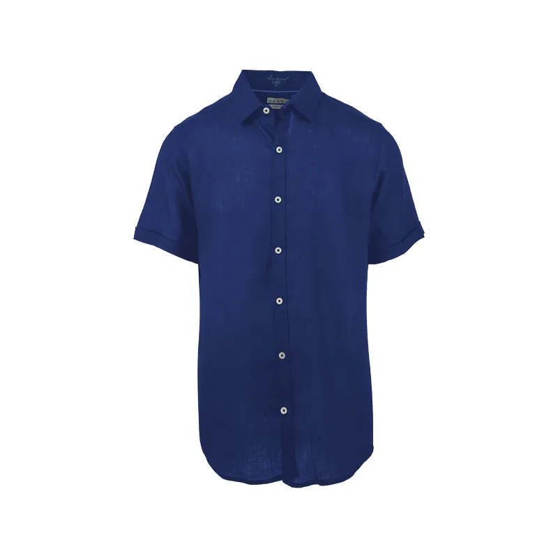 Navy Linen and Cotton Blend Short Sleeve Shirt sold by Ike Behar