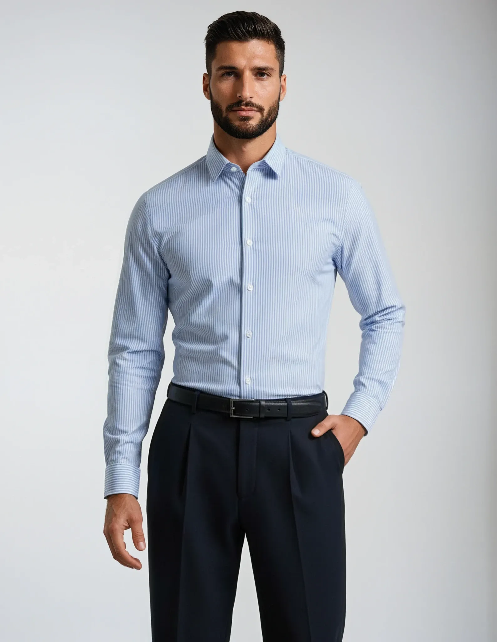 Light Blue Bengal Stripe Made to Measure Shirt sold by Ike Behar product image thumbnail 2