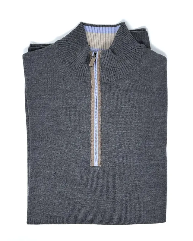 Grey 1/4 Zip Sweater with Sky Piping sold by Ike Behar