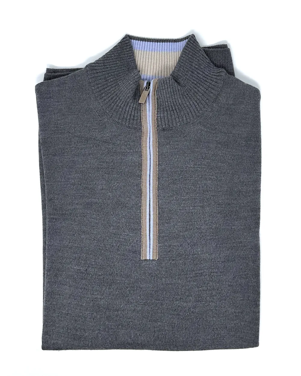 Grey 1/4 Zip Sweater with Sky Piping sold by Ike Behar