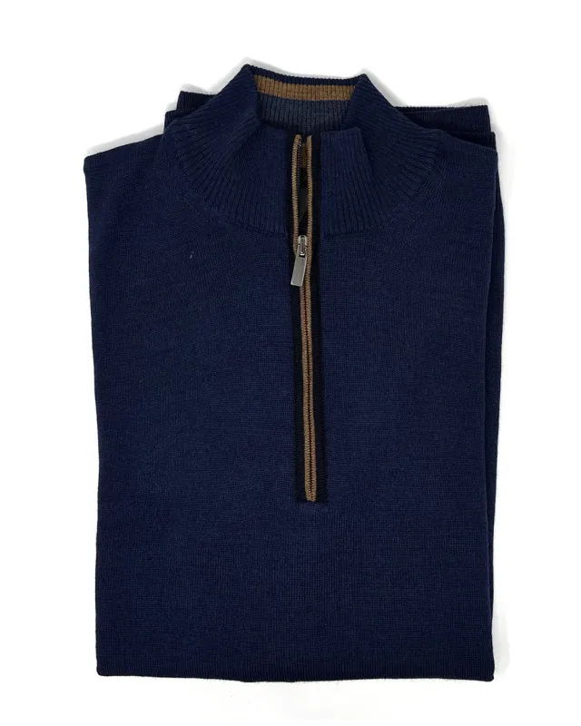Navy 1/4 Zip Sweater with Saddle Piping sold by Ike Behar