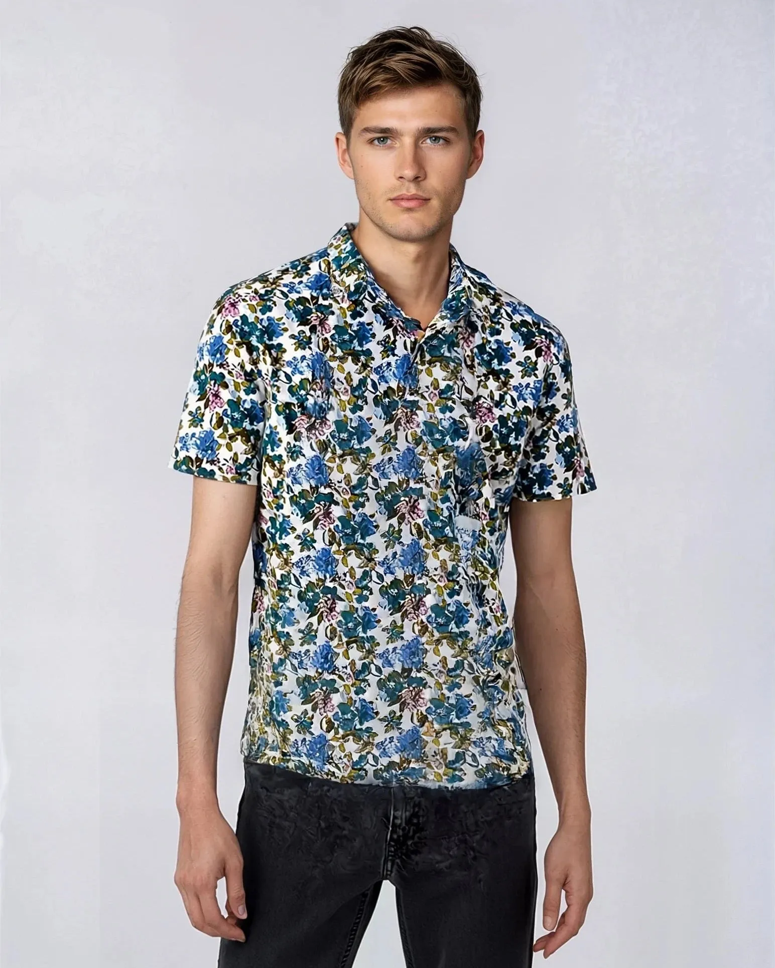 Cotton and Linen Multi-Floral Print Short Sleeve Shirt sold by Ike Behar product image thumbnail 2