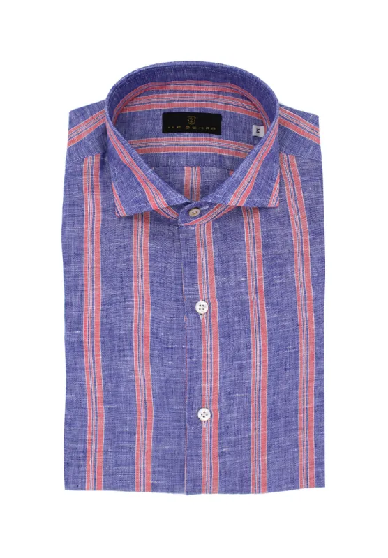 Hand Finished Navy With Rose Striped Italian Linen Sport Shirt sold by Ike Behar