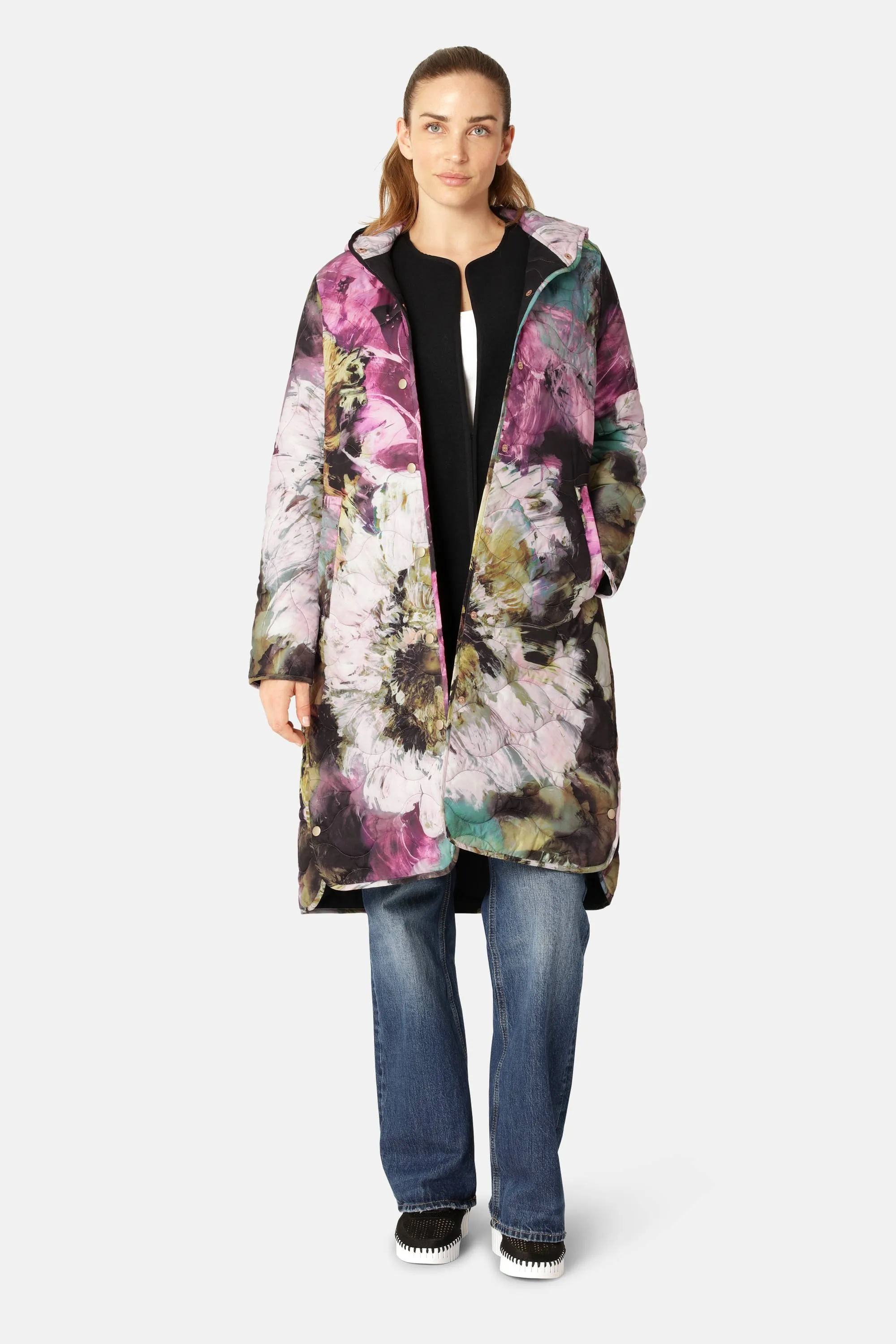 Long Quilt Coat - Artistic Flower Print sold by Ilse Jacobsen product image thumbnail 4