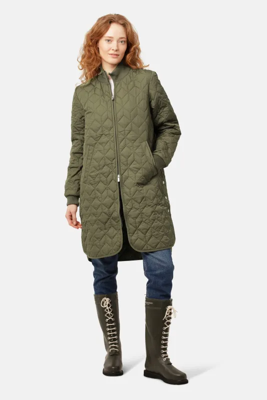 Long Padded Quilt Jacket - Army sold by Ilse Jacobsen