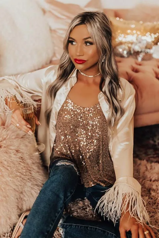 Fashionable Scene Satin Feather Top In Champagne sold by Impressions