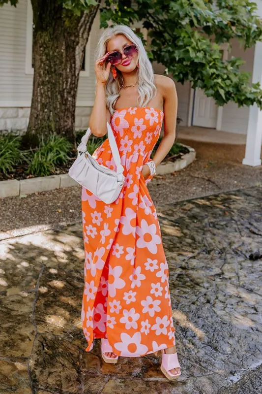 Loft Party Smocked Floral Jumpsuit in Orange sold by Impressions