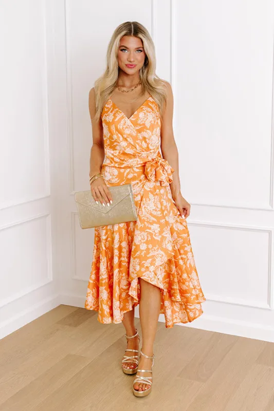 Dance And Sway Satin Wrap Dress in Orange sold by Impressions