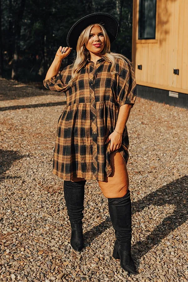Never Pretend Plaid Dress In Camel Curves sold by Impressions