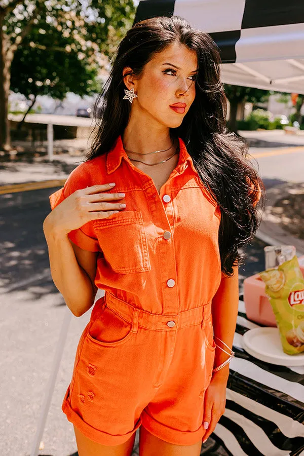 Sweet Duet Distressed Denim Romper in Orange sold by Impressions product image thumbnail 2