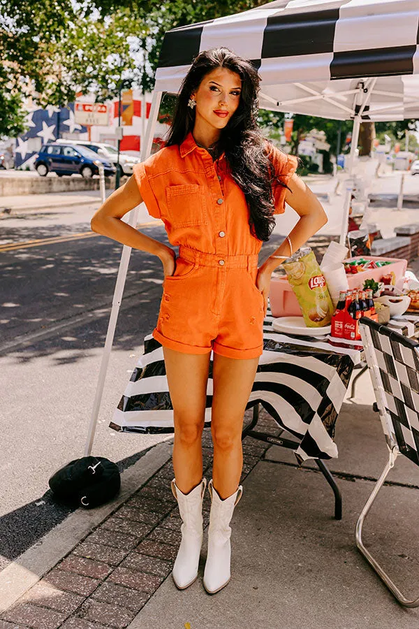Sweet Duet Distressed Denim Romper in Orange sold by Impressions product image thumbnail 3