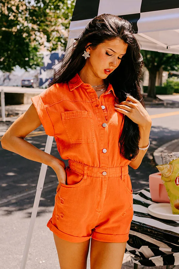 Sweet Duet Distressed Denim Romper in Orange sold by Impressions product image thumbnail 4