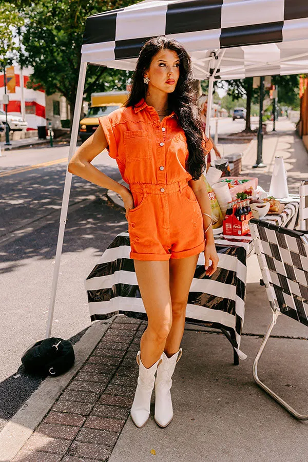 Sweet Duet Distressed Denim Romper in Orange sold by Impressions