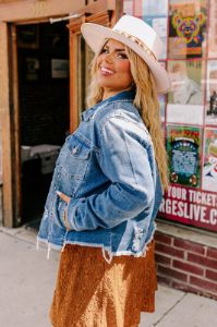 The Emilia Distressed Denim Jacket Curves sold by Impressions