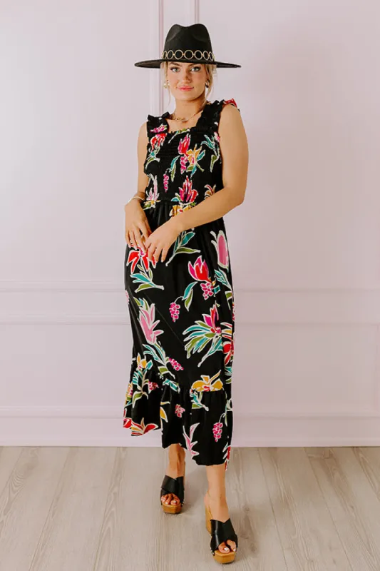 Happy Blooms Smocked Midi in Black sold by Impressions