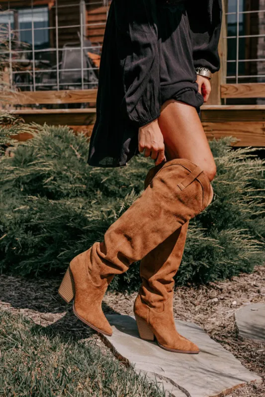 The Ava Faux Suede Thigh High Boot In Brown sold by Impressions