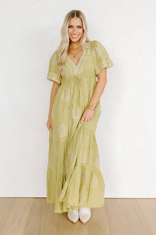 Venice Stroll Embroidered Maxi Dress in Chartreuse sold by Impressions