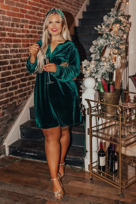 Right On Time Velvet Shift Dress In Hunter Green Curves sold by Impressions