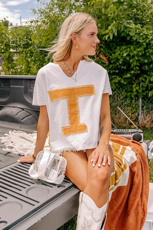 Field Day Letter Patch Tee in Orange sold by Impressions