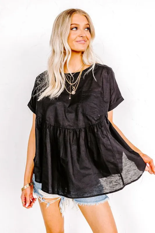 Greek Isles Linen-Blend Babydoll Top In Black sold by Impressions