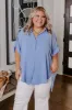 Destined For Decadence Button Up In Sky Blue Curves sold by Impressions