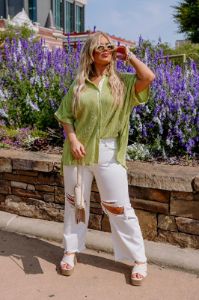 Rhythmic Rhapsody Pleated Button Up Curves sold by Impressions